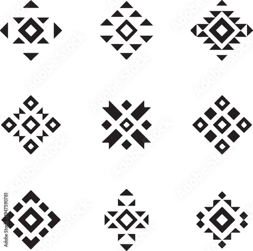 Geometric tribal rhombus and triangle patterns, ethnic cultural symbols for textile and background applications, abstract icons.