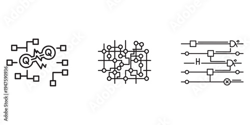 Quantum computing icons circuits, algorithms, and qubits schematic