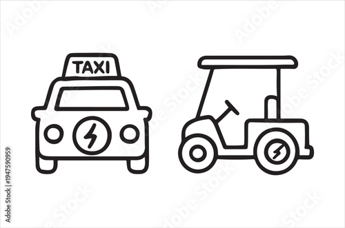 Simple line drawing of an electric taxi and golf cart both with charging symbols