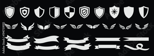 Laurel wreath, shield, wing, ribbon, and banners vector set. Laurel wreaths, shields, wings, ribbons illustration for awards, heraldry, logos, badges, and branding designs