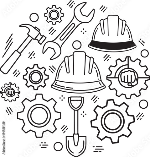 Labor Day Tools Line Art Vector Illustration with Helmet, Gear, Hammer and Wrench
