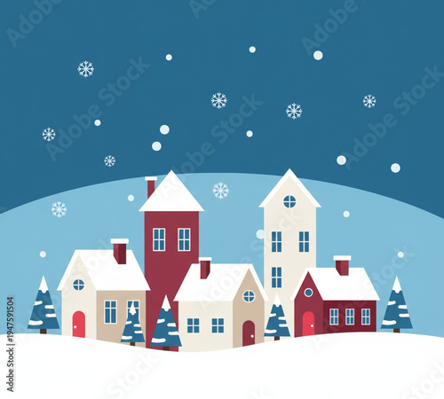 Charming flat design illustration of a cozy winter village blanketed in freshly fallen snow under a gentle snowfall, perfect for holiday greetings and festive seasonal designs