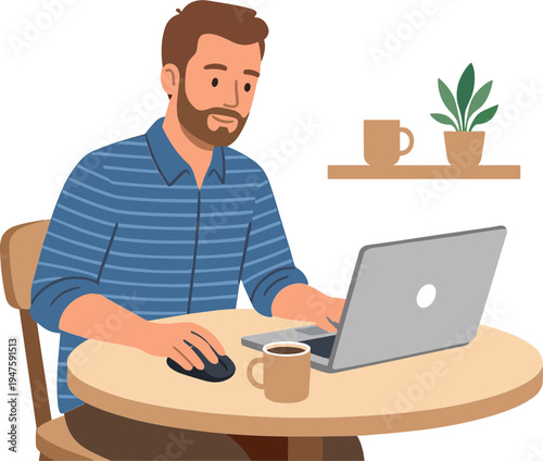 A man works on laptop at a table with a mug and plant nearby indoors