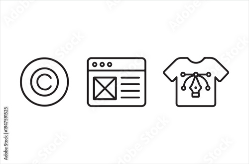 A set of three black outline icons representing copyright web design and apparel
