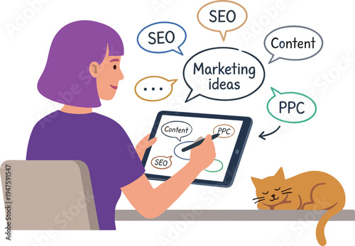 A woman sits at a desk with a cat, brainstorming marketing ideas on a digital tablet with SEO, PPC, and content concepts floating above.