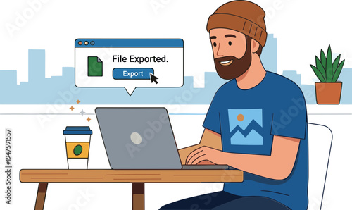 Man sitting at table working on laptop with coffee cup nearby indoors