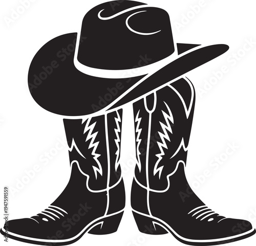 Cowboy hat and boots illustration, western apparel, country style, rodeo wear, traditional cowboy attire, wild west fashion, rural clothing.