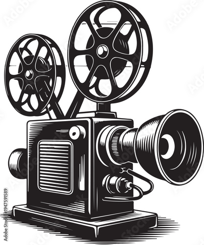 Vintage film projector illustration, old cinema equipment, retro technology, photography tool, classic movie player, historical media device.