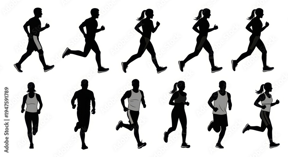 Obraz premium Silhouettes of runners in motion for fitness and health.