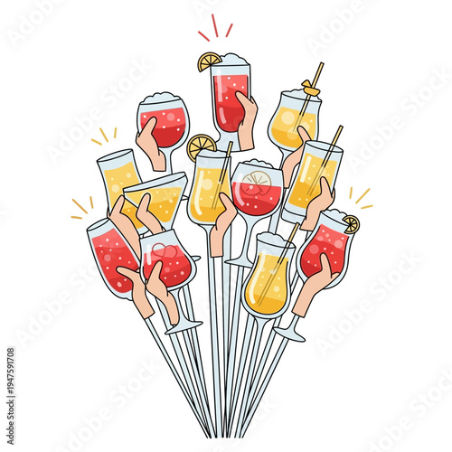 Hands Holding Various Colorful Cocktail Glasses.