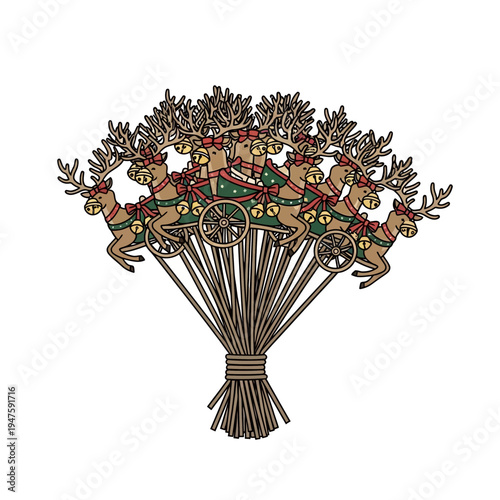 Illustration of Reindeer Pulling Sled with Flowers.