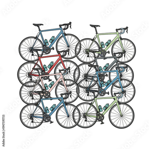 Stacked Road Bikes in Various Colors.