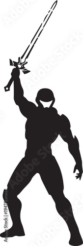 Heroic armored warrior vector silhouette illustration holding magic sword high in victory