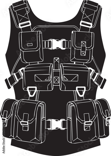 Tactical vest vector silhouette illustration, military body armor with pockets line art