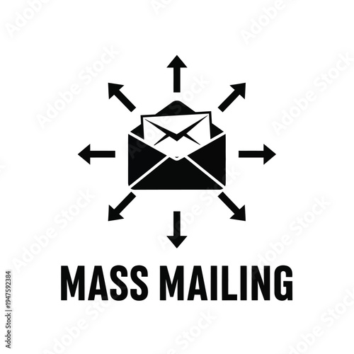A black and white graphic depicts an opened envelope with arrows pointing towards and away illustrating mass mailing concepts high quality professional detailed modern elegant stylish