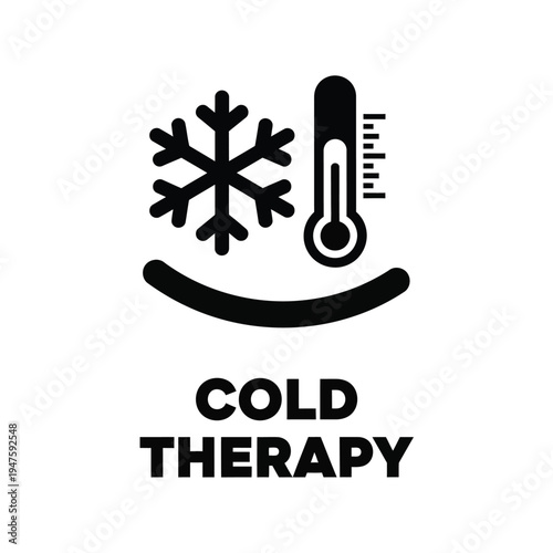 A black and white graphic depicts a smiling face combined with a snowflake thermometer and the words cold therapy below high quality professional detailed
