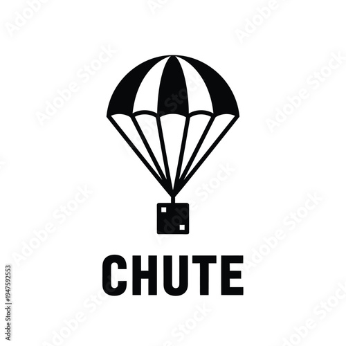 A stark black and white graphic depicts a parachute with a cargo container suspended below labeled simply as chute high quality professional detailed modern elegant stylish