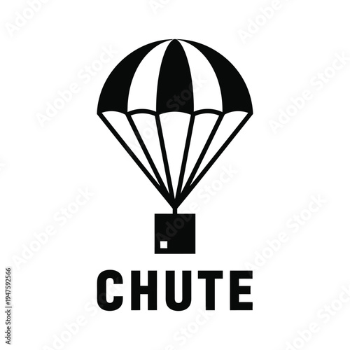 A simple black and white illustration depicts a parachute with a square cargo container suspended below labeled chute high quality professional detailed modern elegant stylish clean