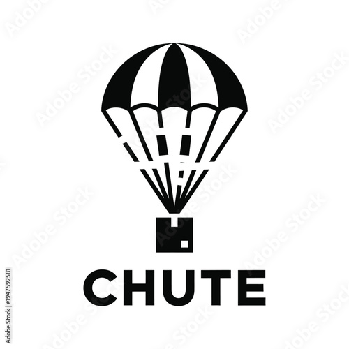 A stylized black and white illustration depicts a parachute carrying a square package downward with the word chute underneath high quality professional detailed modern elegant stylish