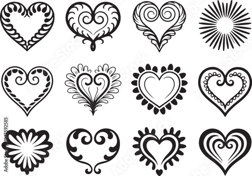 Elegant filigree hearts and radial patterns in decorative ornamental style