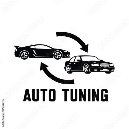 A black and white graphic depicts a car transforming showcasing the concept of auto tuning and vehicle modification high quality professional detailed modern elegant stylish clean