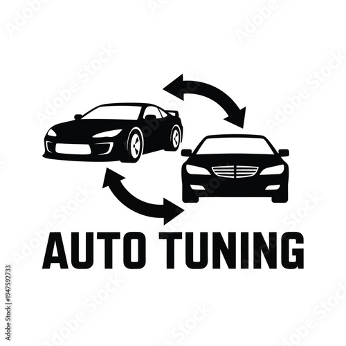 A bold black and white graphic depicts two car silhouettes with curved arrows alongside the text auto tuning prominently displayed high quality professional detailed modern elegant