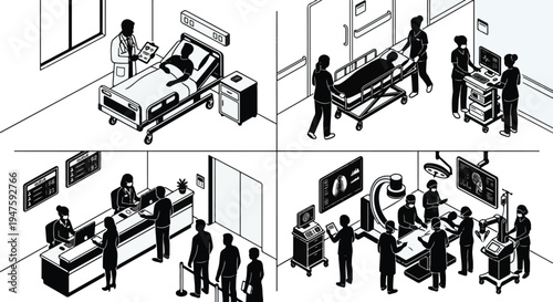  Modern Smart Hospital Ecosystem 2026: Isometric Silhouette Set of AI-Driven Healthcare, Remote Patient Monitoring, and Robotic Surgery Technology for Advanced Medical Care 
