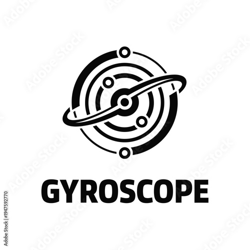 A striking black and white illustration depicts a gyroscope with orbiting rings and a central axis accompanied by the word gyroscope high quality professional