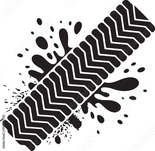 Tire tread mark with mud splash, representing off road adventure and extreme sports.