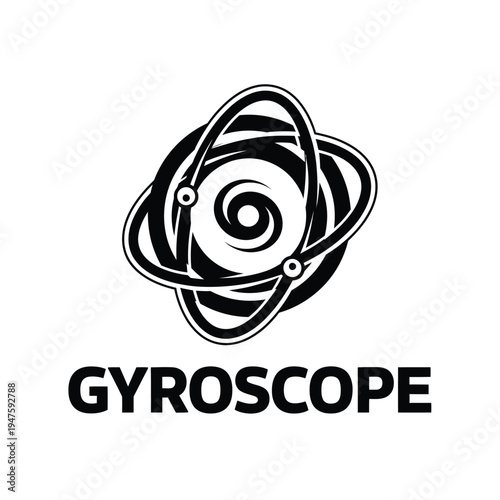 A striking black and white illustration depicts a gyroscope with orbiting rings accompanied by the word gyroscope in bold lettering high quality professional detailed modern elegant