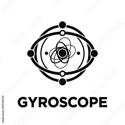 A black and white graphic depicts an abstract representation of an atom or gyroscope within a circular eye like frame high quality professional detailed modern elegant stylish