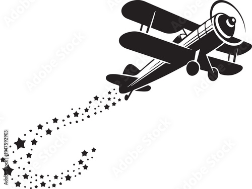 Vintage biplane airplane flying leaving trail of stars illustration silhouette vector graphic element for travel