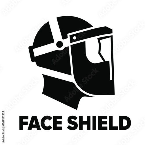 A stark black and white illustration depicts a protective face shield with the label face shield prominently displayed below high quality professional detailed modern elegant stylish