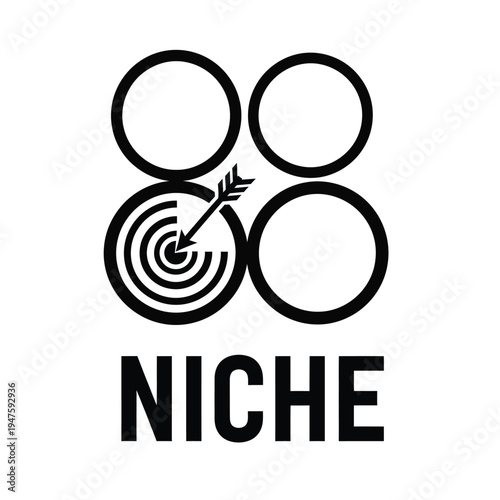A black and white graphic depicts a dart hitting a bullseye surrounded by circles with the text niche below high quality professional detailed modern
