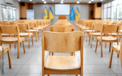 Wooden Chairs in Town Hall Meeting Room Setting