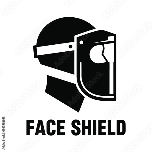 A graphic representation displays a black silhouette of a head wearing a protective face shield with text below high quality professional detailed modern elegant