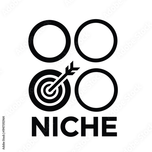 A minimalist black and white graphic depicts four circles with an arrow striking a bullseye target and the word niche below high quality professional detailed modern