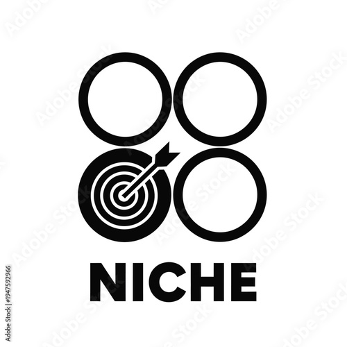 A minimalist graphic displays a dartboard hit with an arrow surrounded by three open circles and the word niche high quality professional detailed modern