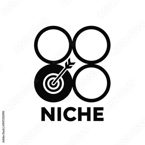 A minimalist black and white logo features four circles with a central target pierced by an arrow alongside the word niche high quality professional detailed modern