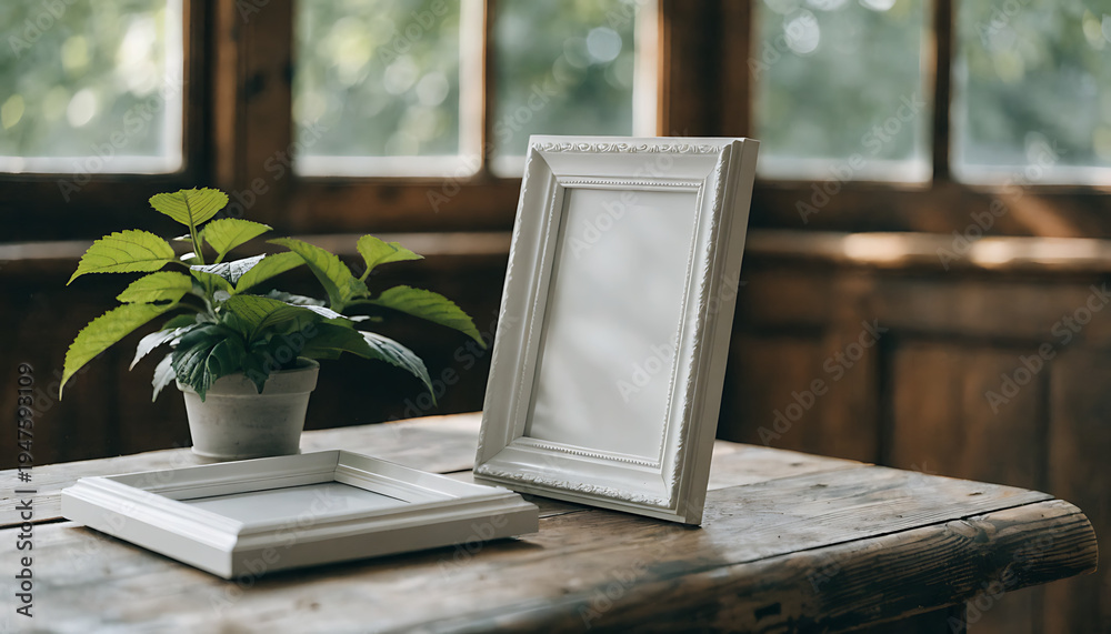 Fototapeta premium Minimalist Still Life: Two Empty White Picture Frames with Green Plant on Rustic Wooden Table