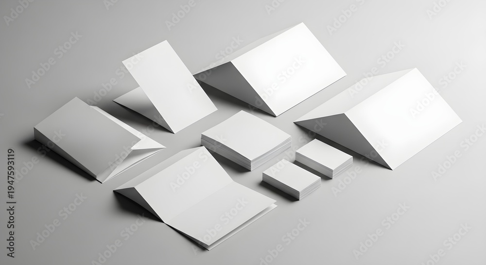 Obraz premium White paper flyers scattered on gray background, blank mockup for design