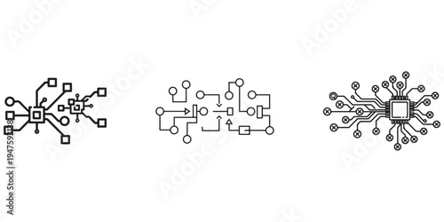Microchip circuit board components and intricate electronic network diagrams
