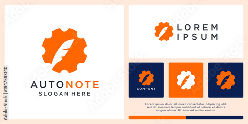 Auto note logo design template with gear and feather