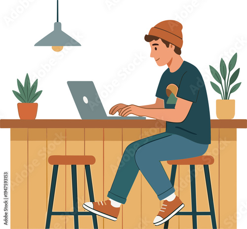 Man sitting on stool at counter working on laptop with plants around