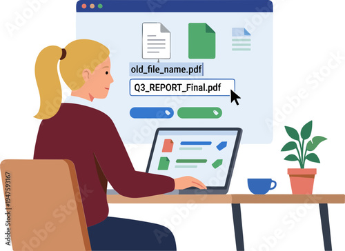 Woman sitting at desk working on laptop with files and plant