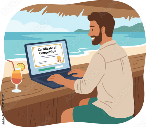 Man sitting on beach with laptop and certificate of completion
