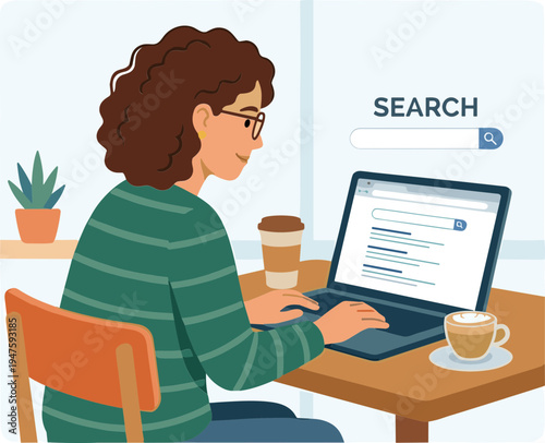 Woman searches on laptop at table with coffee and plants nearby indoors