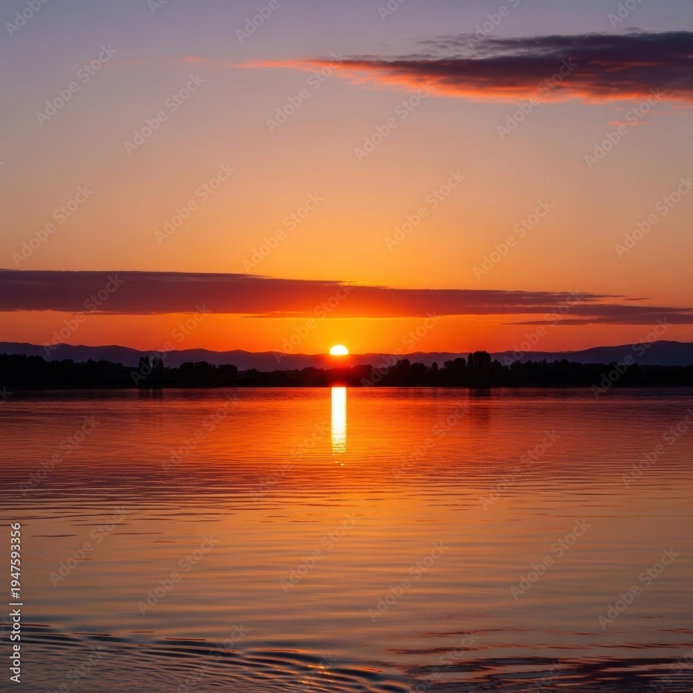 Obraz premium Serene Sunset Reflection Over Calm Waters - A Tranquil Landscape.