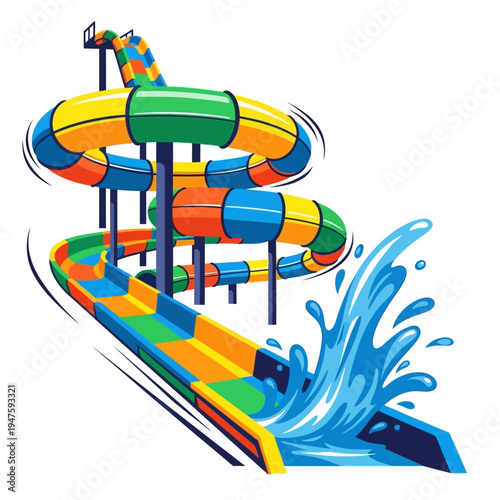 Colorful water slide with a splash depicting summer fun and recreation