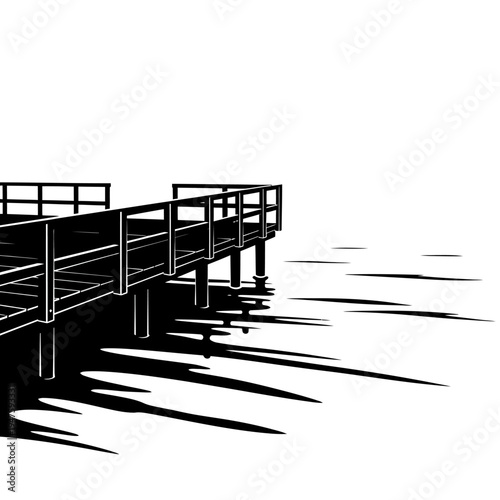 Minimalist black and white illustration of a wooden pier extending into water